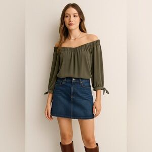 Express Olive Off-Shoulder Peasant Blouse - Size Large